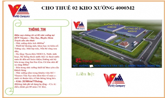 Cho thuê gấp 2 nhà xưởng 4000m2 mới xây dựng trong KCN Vinatex Tân Tạo,Nhơn Trạch Đồng Nai 1