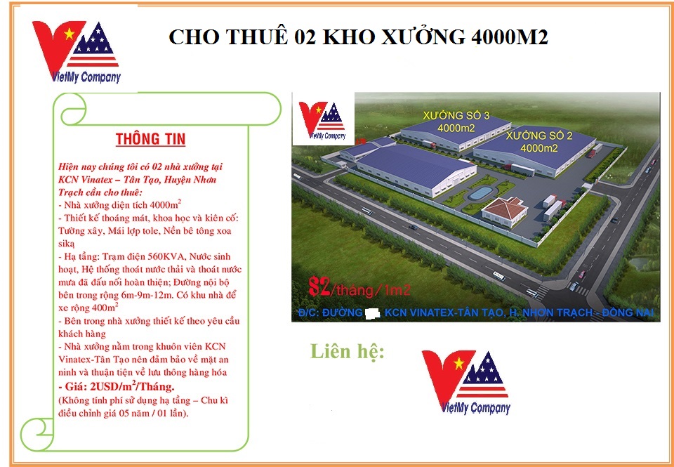 Cho thuê gấp 2 nhà xưởng 4000m2 mới xây dựng trong KCN Vinatex Tân Tạo,Nhơn Trạch Đồng Nai