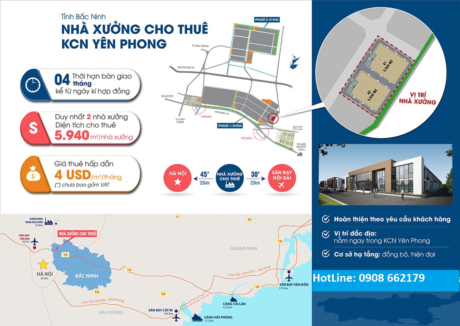 Cho thuê nhà xưởng 2 xưởng 5940m2 trong KCN Yên Phong, Bắc Ninh